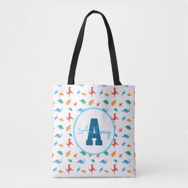 Dinosaur Monogrammed Colorful pattern boy birthday Tote Bag (Front)
