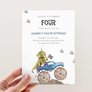 Dinosaur & Monster Truck 4th Birthday Party Invitation