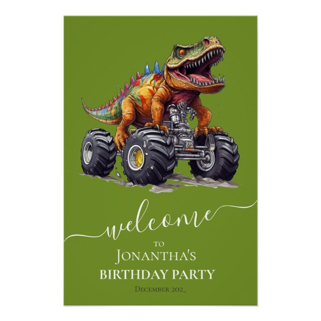 Dinosaur Monster Truck, Birthday Party Welcome Poster (Front)