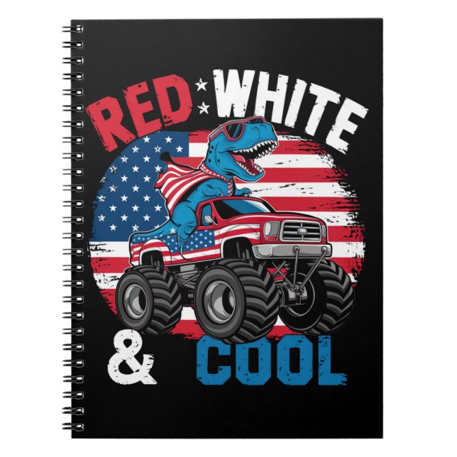 Dinosaur Monster Truck Dino 4th Of July Flag Boys Notebook (Front)
