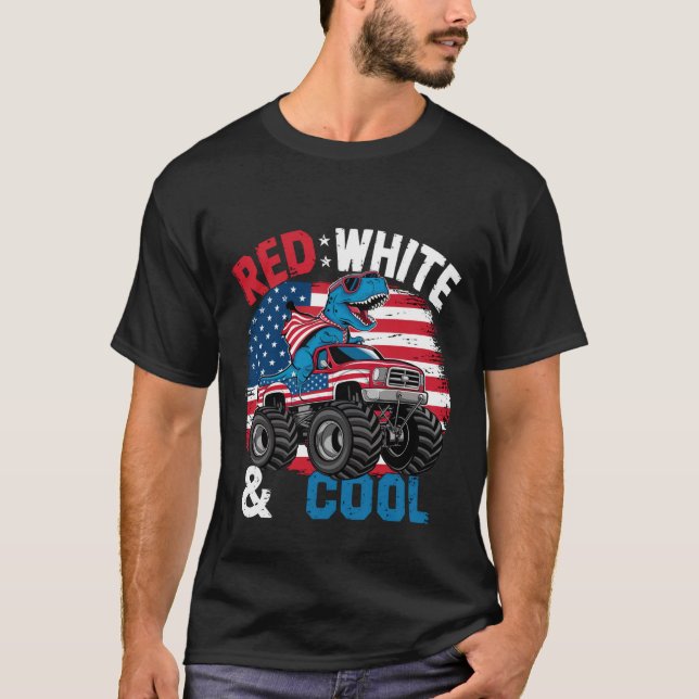 Dinosaur Monster Truck Dino 4th Of July Flag Boys T-Shirt (Front)