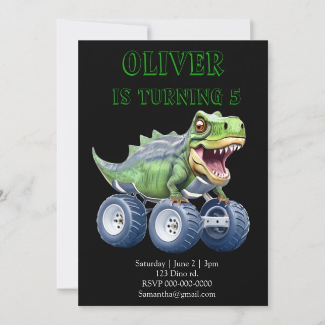 Dinosaur monster truck personalized birthday  invitation (Front)