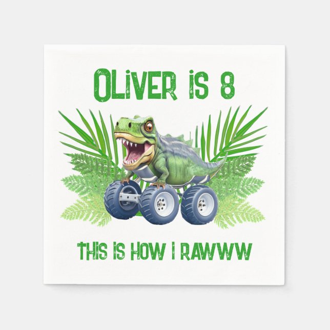 Dinosaur monster truck personalized birthday  napkins (Front)