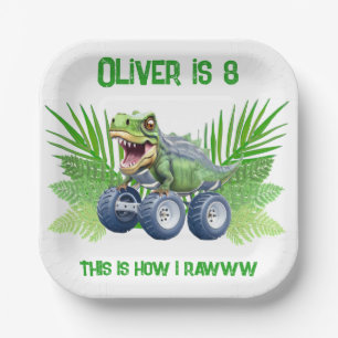 Dinosaur monster truck personalized birthday  paper plates