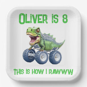 Dinosaur monster truck personalized birthday paper plates