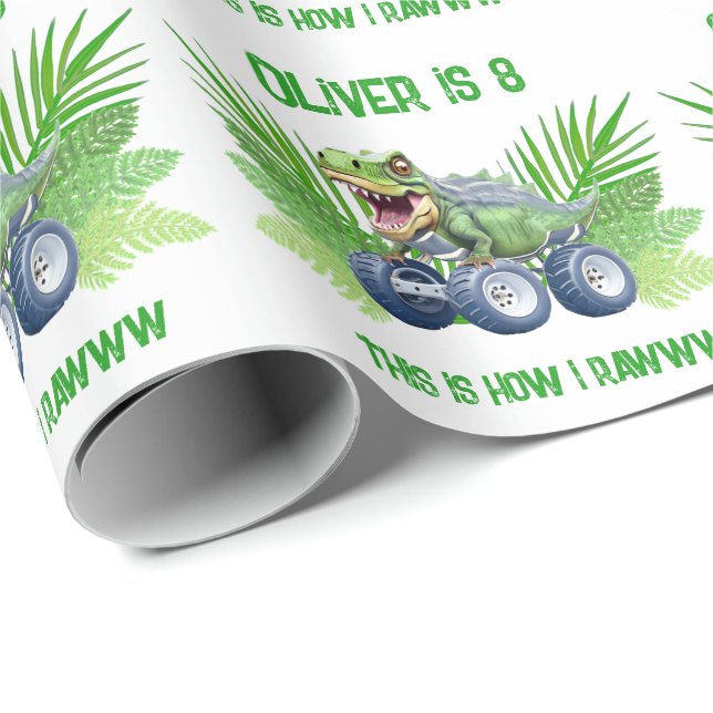 Dinosaur monster truck personalized birthday  wrapping paper (Roll Corner)