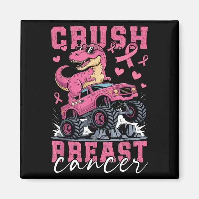 Dinosaur Monster Truck Pink Ribbon Crush Breast Ca Magnet (Front)