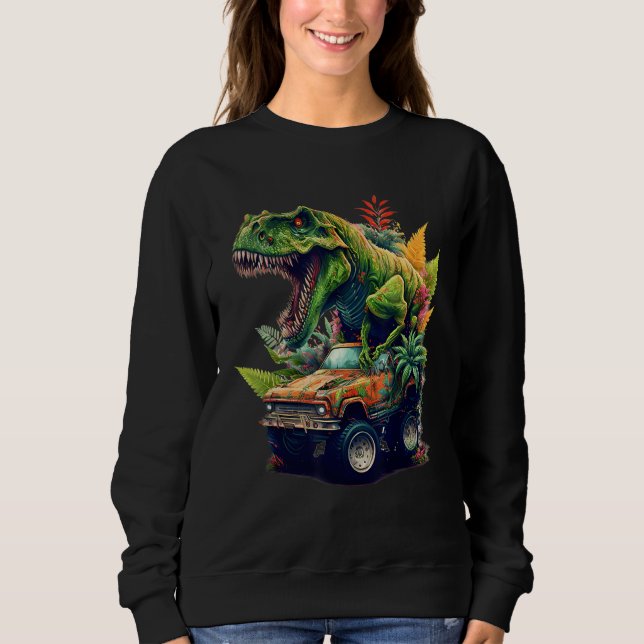Dinosaur Monster Truck, T-Rex Riding Car, Graphic  Sweatshirt (Front)