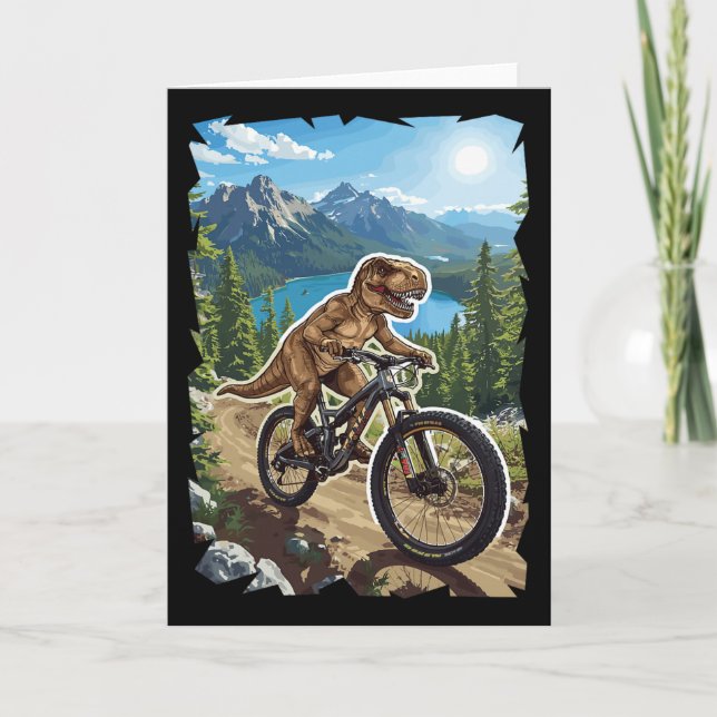 Dinosaur Mountain Biking Through Forest Trail  Card (Front)