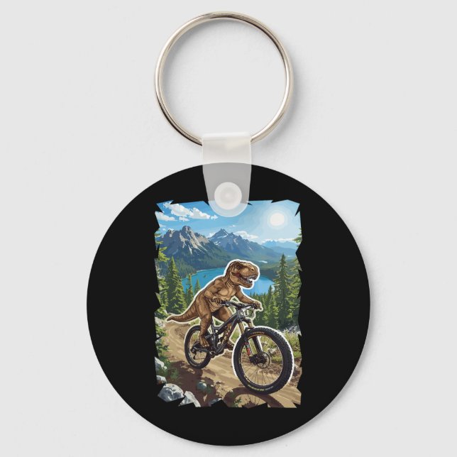 Dinosaur Mountain Biking Through Forest Trail  Keychain (Front)