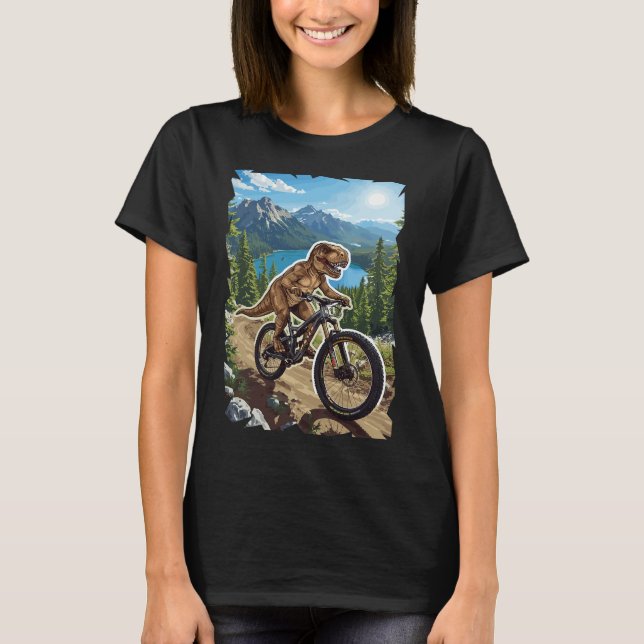 Dinosaur Mountain Biking Through Forest Trail  T-Shirt (Front)