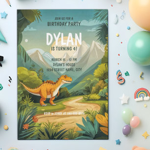Dinosaur Mountain Forest Adventure Fourth Birthday Invitation