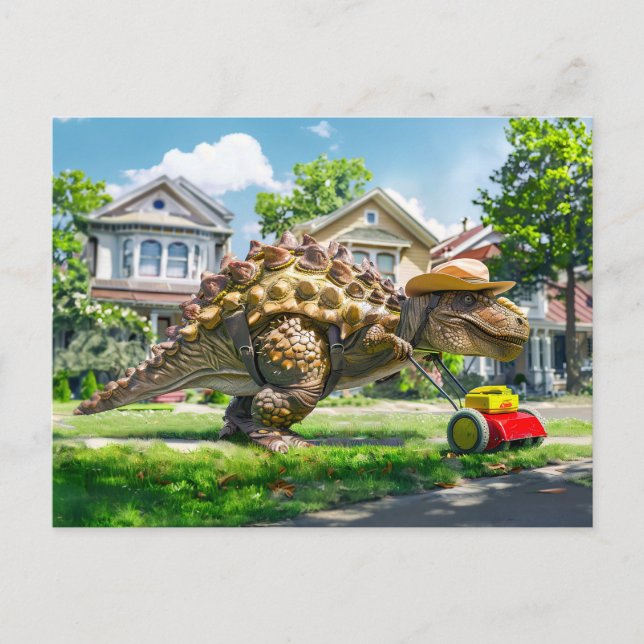Dinosaur Mowing Lawn in Suburbia Holiday Postcard (Front)