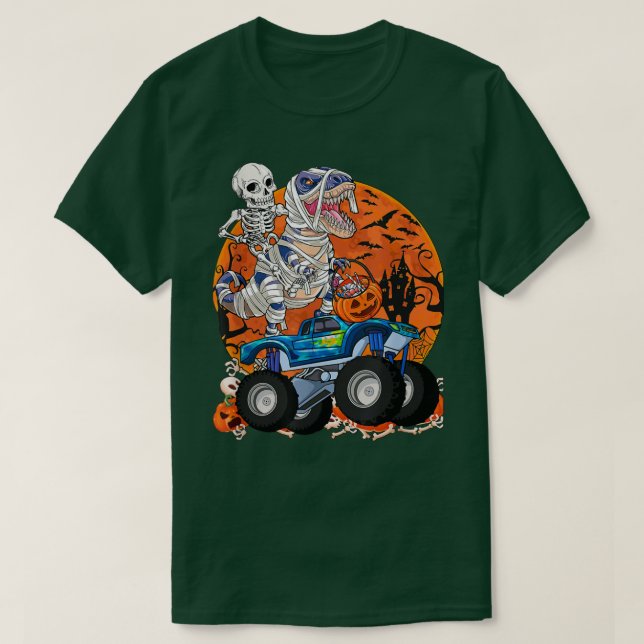 Dinosaur Mummy Riding Monster Truck Halloween  T-Shirt (Design Front)