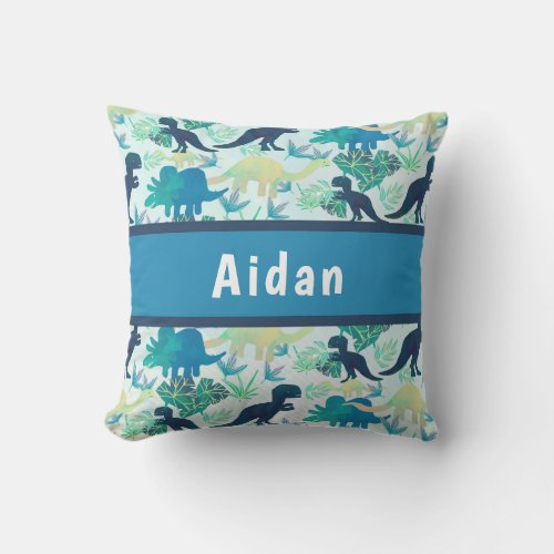 Dinosaur Navy Blue Green Teal Throw Pillow