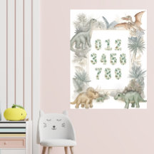 Dinosaur Numbers Nursery Watercolor Poster