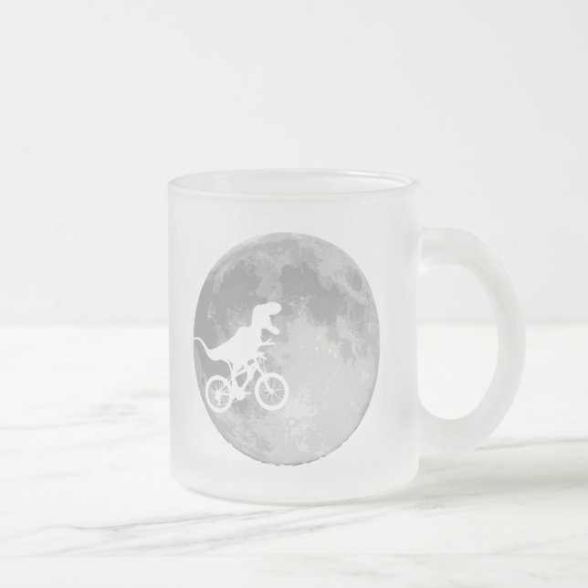 Dinosaur on a Bike In Sky With Moon Frosted Glass Coffee Mug (Right)