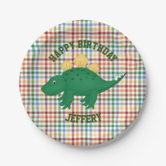 Dinosaur on Colorful Plaid Kids Birthday Party Paper Plates