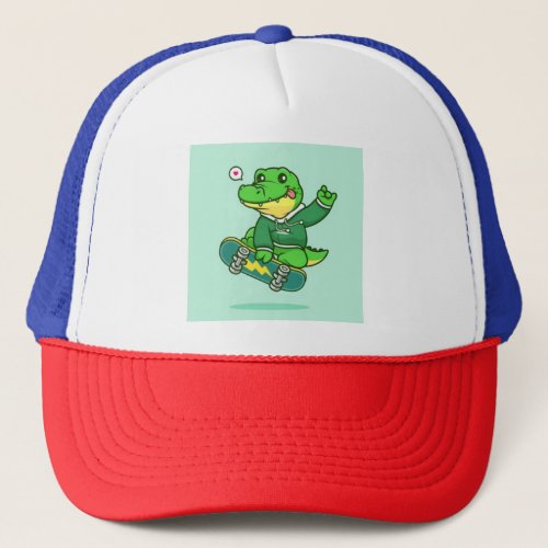 Dinosaur on skateboard  trucker hat