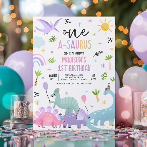 Dinosaur One_A_Saurs Pink T_Rex 1st Birthday Party Invitation
