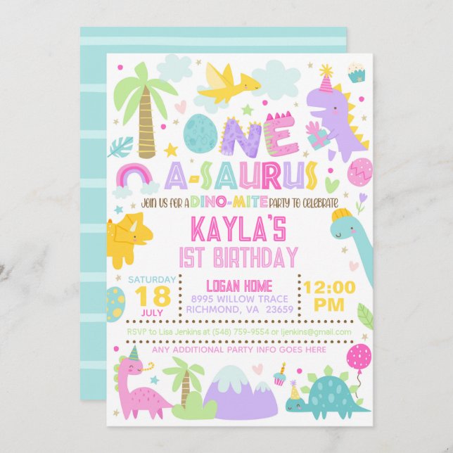 Dinosaur ONE A-Saurus 1st Birthday Invitation (Front/Back)