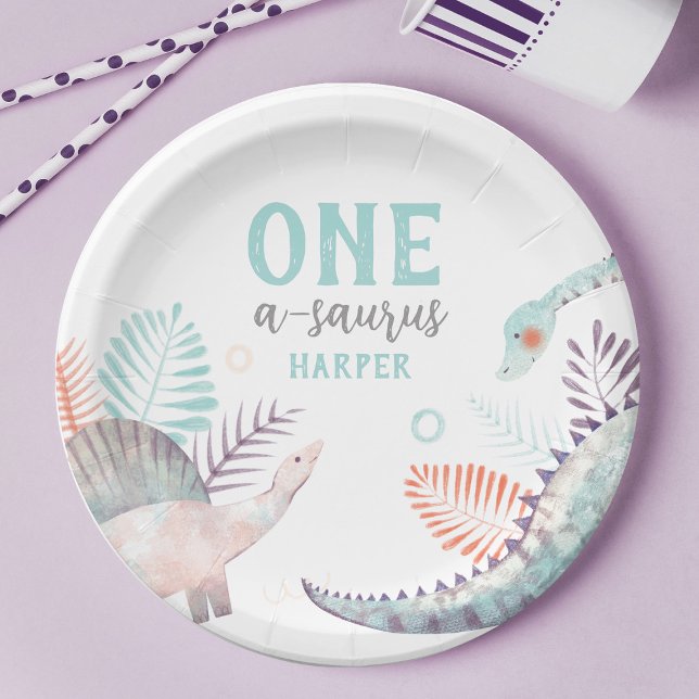 Dinosaur One-A-Saurus 1st Birthday  Paper Plates (Creator Uploaded)