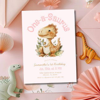 Dinosaur One-A-Saurus 1st Birthday Party Girl Pink Invitation