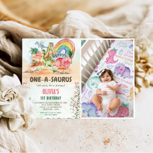 Dinosaur One-A-Saurus 1st Birthday Party Photo Invitation