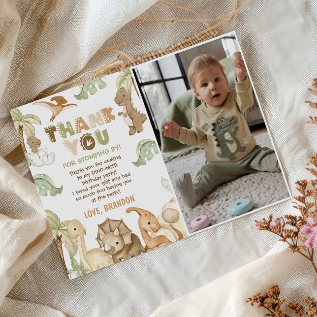 Dinosaur One-A-Saurus 1st Birthday Party Photo Thank You Card (Creator Uploaded)