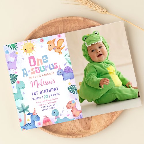 Dinosaur One_A_Saurus 1st Birthday Photo Invitation