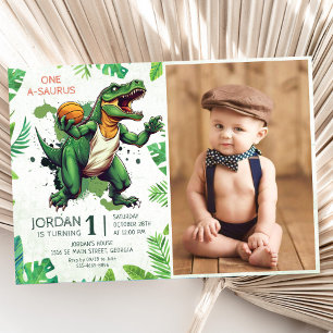 Dinosaur One-A-Saurus 1st Birthday Photo Invitation