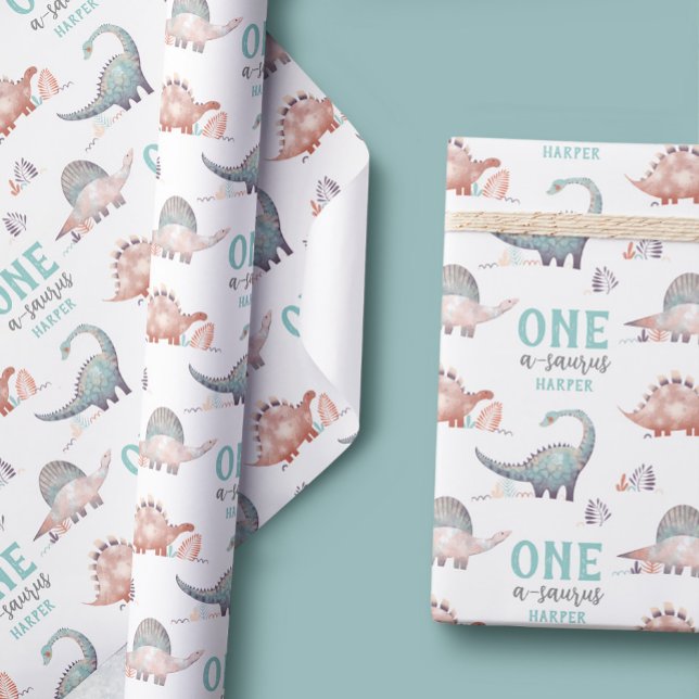 Dinosaur One-A-Saurus 1st Birthday  Wrapping Paper (Creator Uploaded)