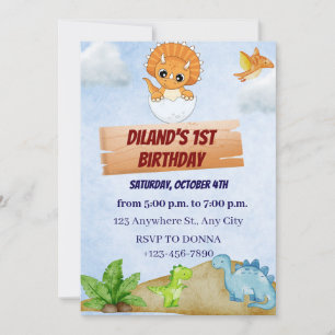 Dinosaur One A-Saurus Boy 1st Birthday Invitation