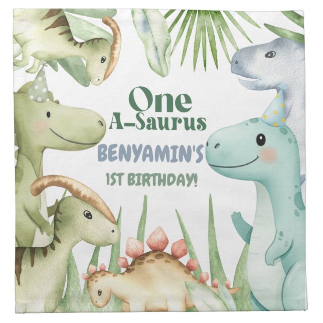 Dinosaur One-A-Saurus Boy 1st Birthday Party Invit Cloth Napkin (Front)