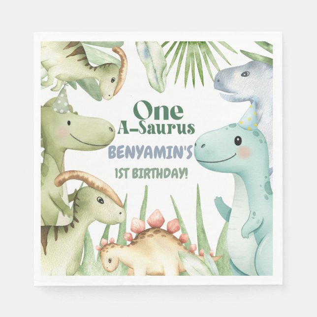 Dinosaur One-A-Saurus Boy 1st Birthday Party Invit Napkins (Front)