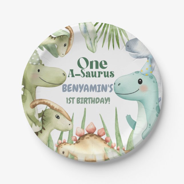 Dinosaur One-A-Saurus Boy 1st Birthday Party Invit Paper Plates (Front)