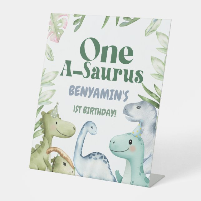 Dinosaur One-A-Saurus Boy 1st Birthday Party Invit Pedestal Sign (Front)