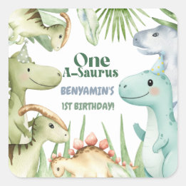 Dinosaur One-A-Saurus Boy 1st Birthday Party Invit Square Sticker
