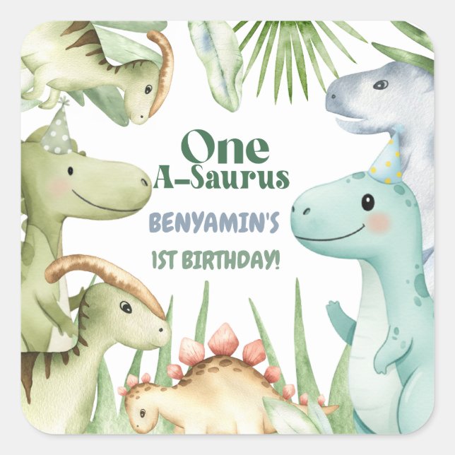 Dinosaur One-A-Saurus Boy 1st Birthday Party Invit Square Sticker (Front)