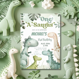 Dinosaur One-A-Saurus Boy 1st Birthday Party Invitation