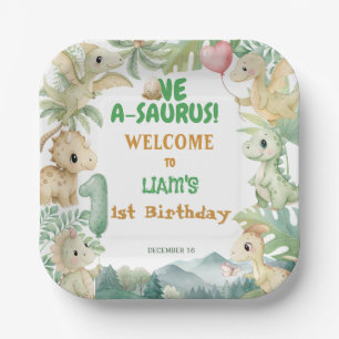 Dinosaur One-A-Saurus Boy 1st Birthday Party Paper Plates