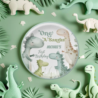 Dinosaur One-A-Saurus Boy 1st Birthday Party Paper Plates