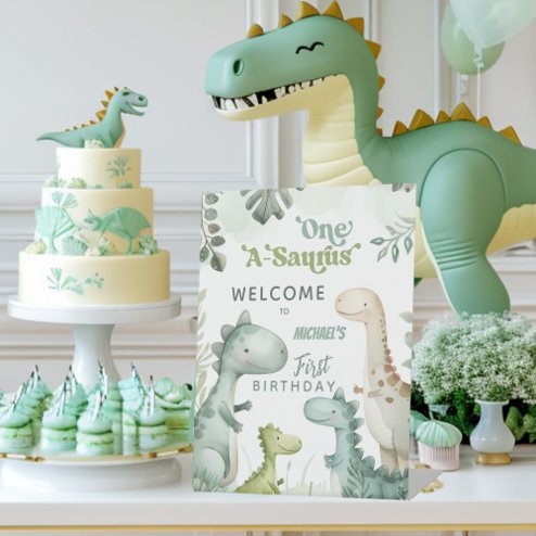 Dinosaur One-a-Saurus Boy 1st Birthday Welcome Pedestal Sign