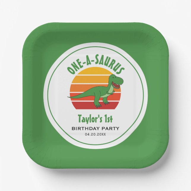 Dinosaur One-A-Saurus Gender Neutral 1st Birthday Paper Plates (Front)