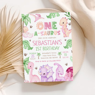 Dinosaur One-A-Saurus Girl 1st Birthday Party Invitation
