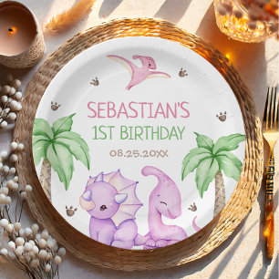 Dinosaur One-A-Saurus Girl 1st Birthday Party Paper Plates