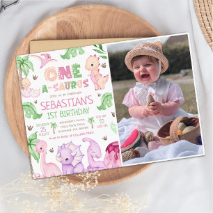 Dinosaur One-A-Saurus Girl 1st Birthday Photo Invitation
