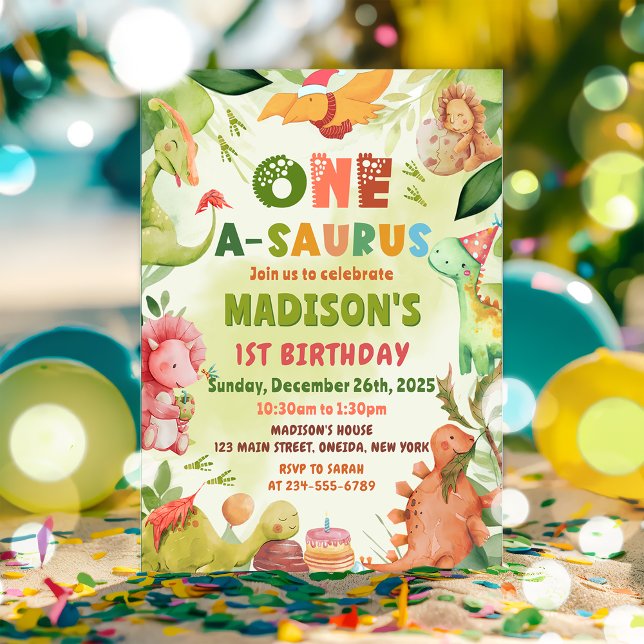 Dinosaur One-A-Saurus Greenery 1st Birthday Invitation (Creator Uploaded)