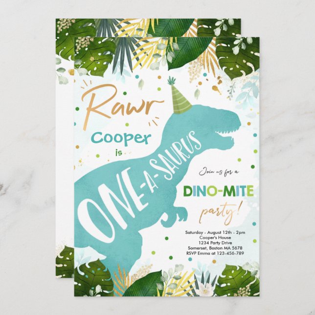 Dinosaur One-A-Saurus Party Dinosaur 1st Birthday Invitation (Front/Back)