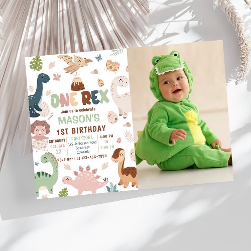 Dinosaur One Rex Boy 1st Birthday Photo Invitation